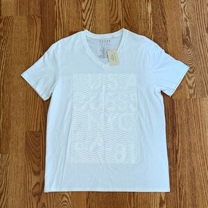 Guess White V-Neck Embossed Logo Short Sleeve Tee
